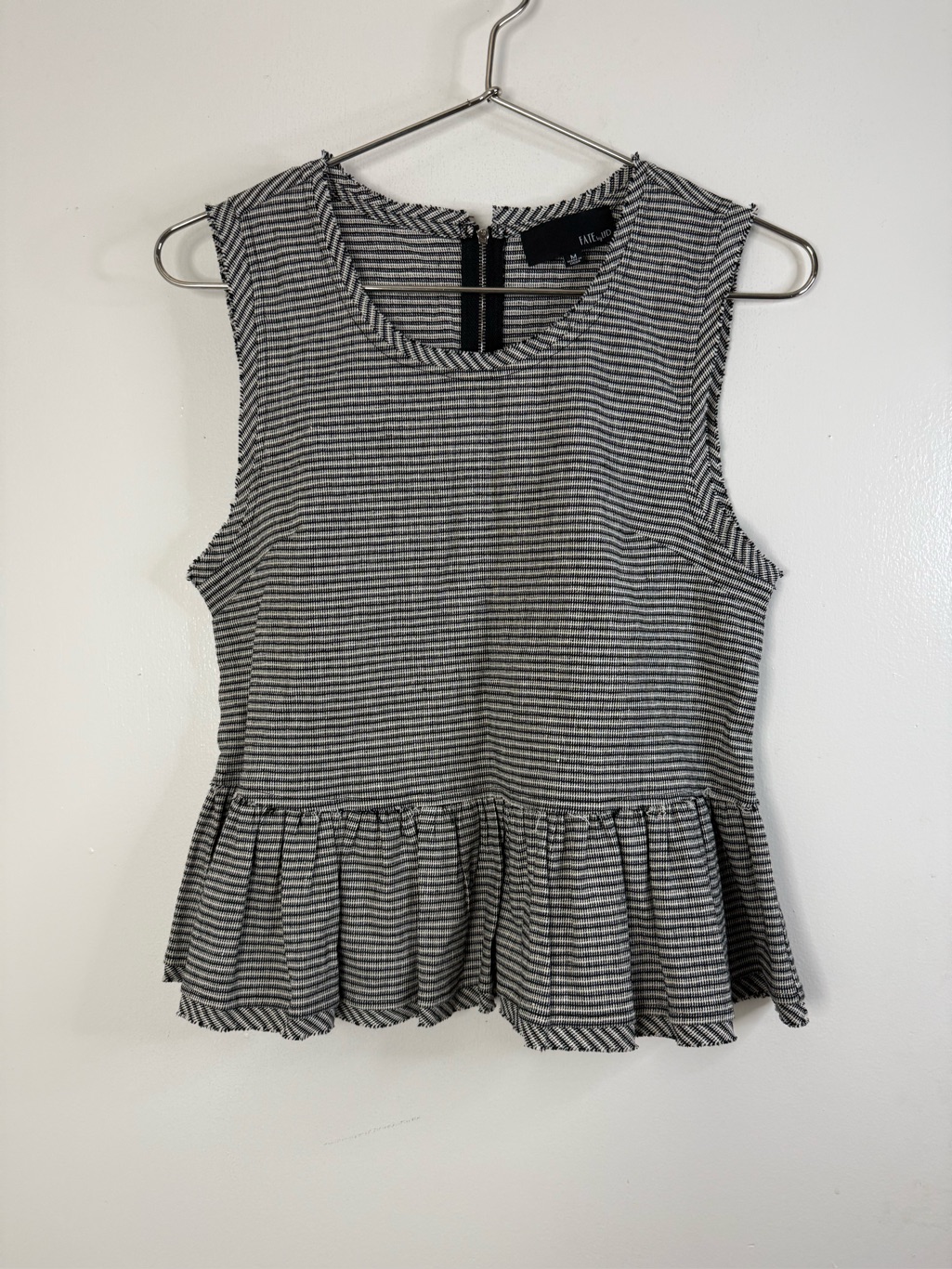 Fate Black And White Striped Sleeveless Peplum Zip Back Linen Blend Top M